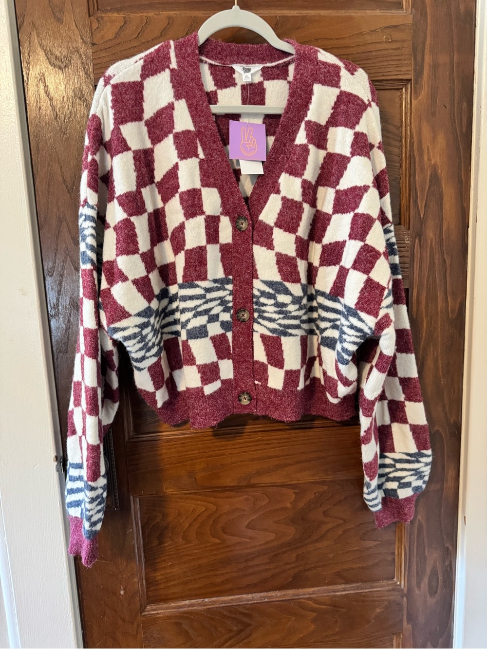 Ascot + Hart Women's Checkered V-Neck Button Cardigan - Burgundy, White & Blue